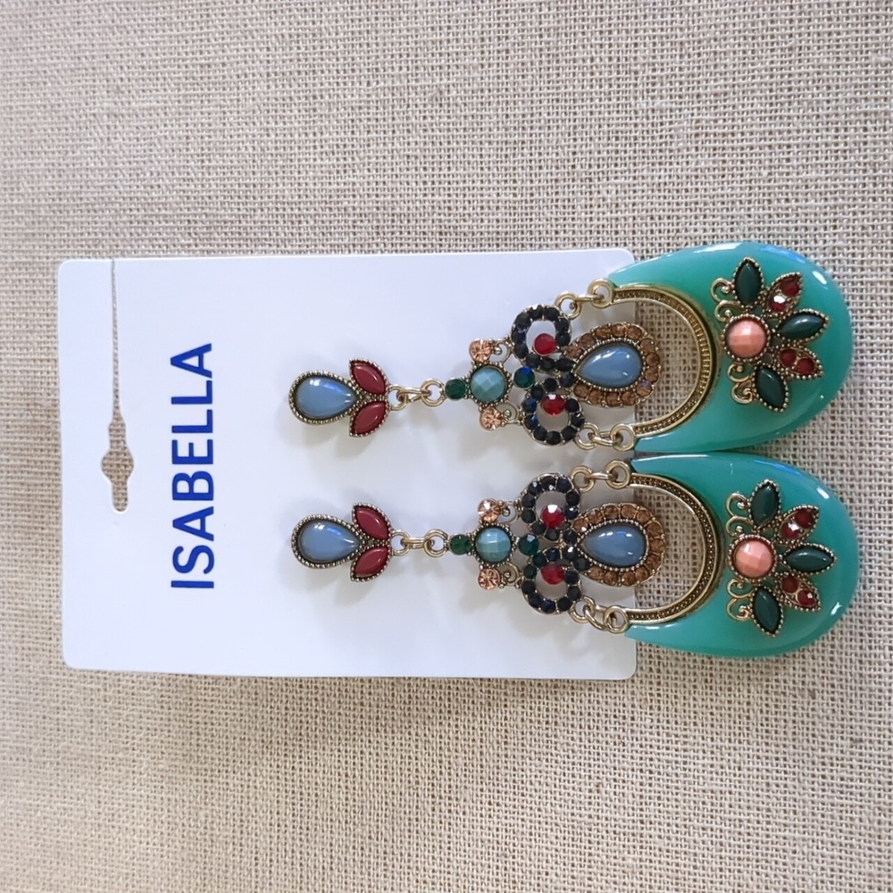 Boho Statement Earrings Turquoise Enamel Floral Crystal Dangle Drop Festival